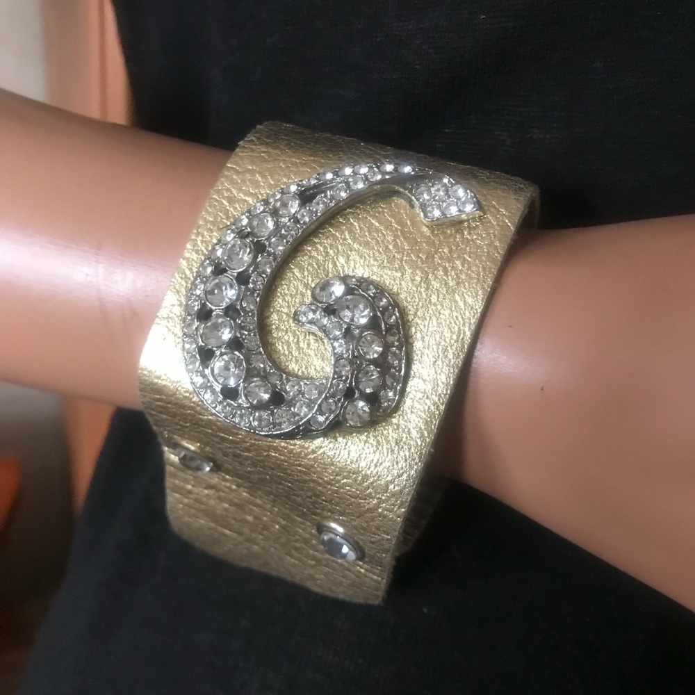 Gold Frosted Leather with Silver Crystal Wave Bracelet.